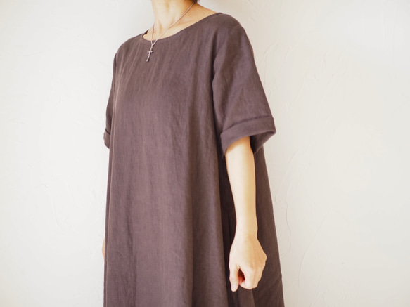 A線短袖連衣裙亞麻棕色 No.99-05 第9張的照片