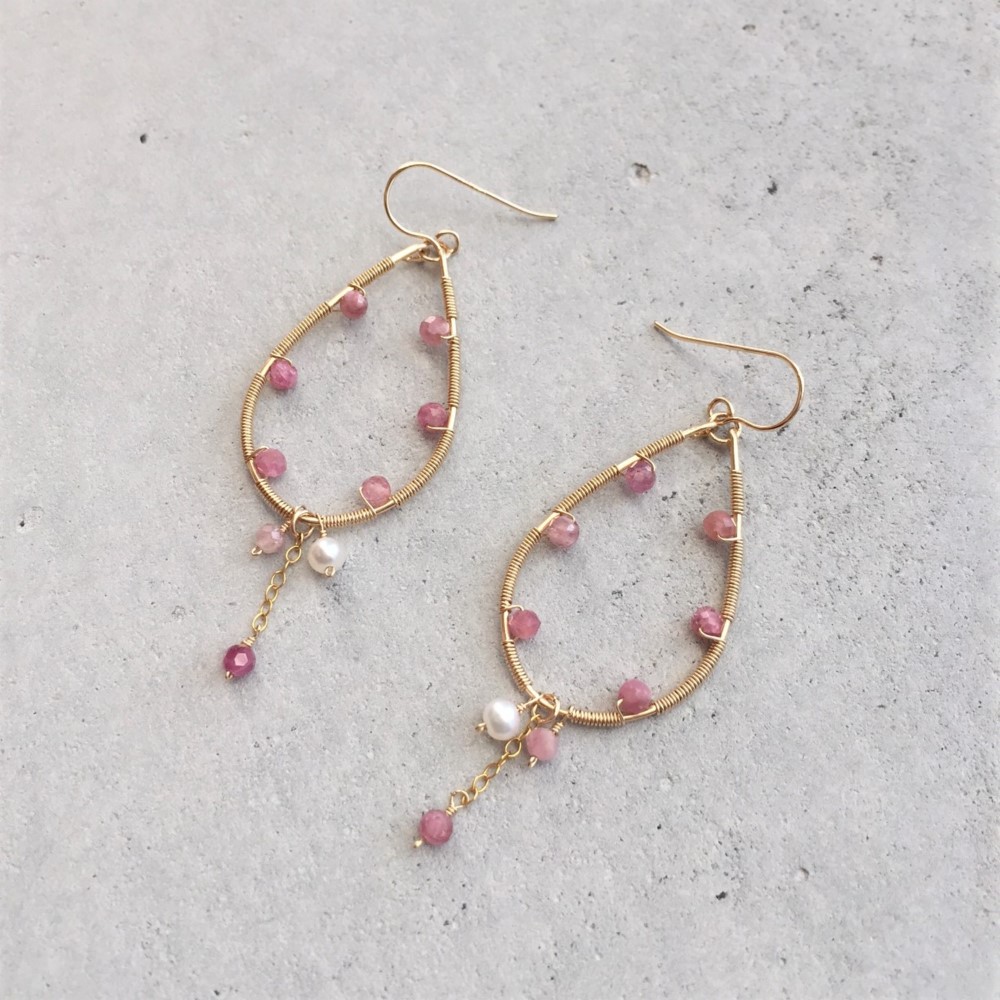 [14kgf]ピンクトルマリン＆淡水パール ドロップフープピアス