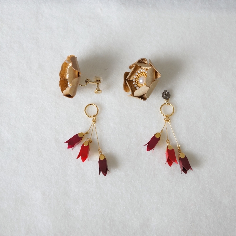 2Way『Flower Shower』紙の軽いピアス [友禅和紙ゴールド*レッド] ペーパージュエリー