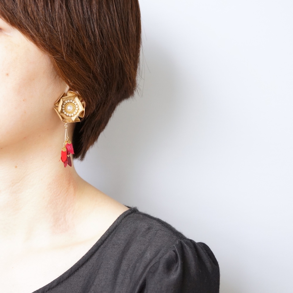 2Way『Flower Shower』紙の軽いピアス [友禅和紙ゴールド*レッド] ペーパージュエリー