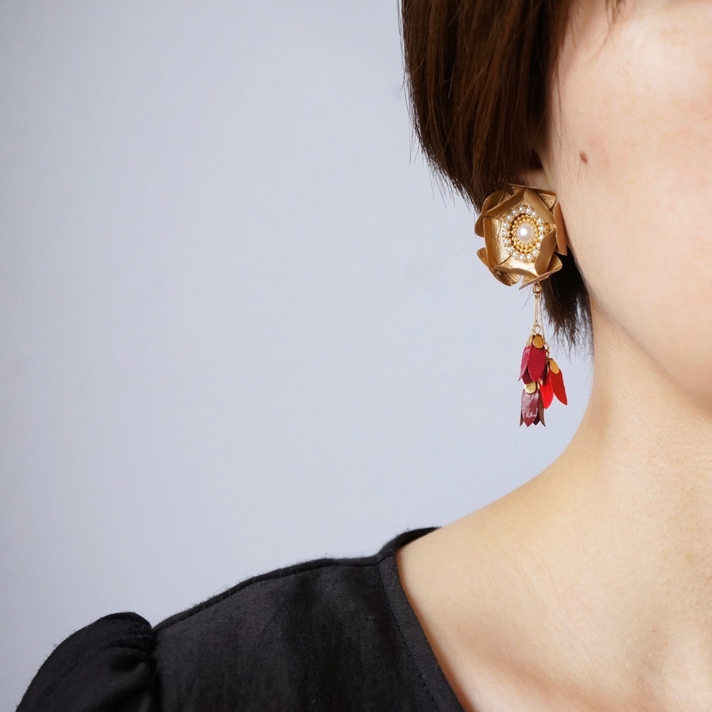 2Way『Flower Shower』紙の軽いピアス [友禅和紙ゴールド*レッド] ペーパージュエリー