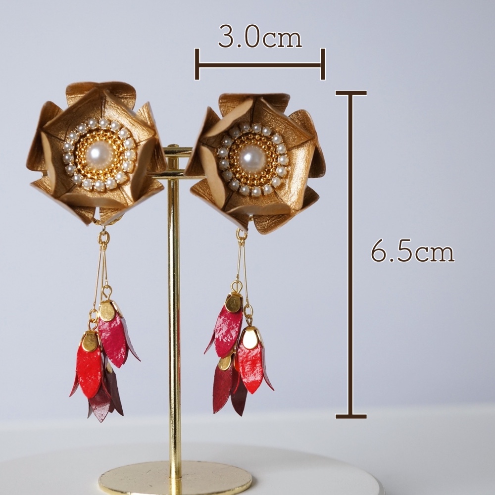 2Way『Flower Shower』紙の軽いピアス [友禅和紙ゴールド*レッド] ペーパージュエリー