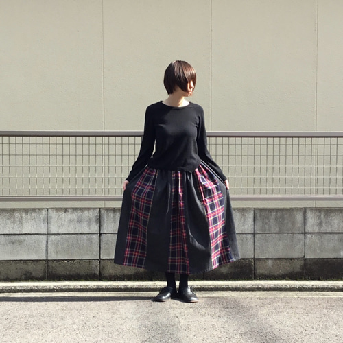 ☆ロングスカートM デニム調　ノバチェック 総チェック柄フレアロング丈ボリュームスカート［Soiunique