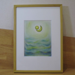 パステル・色鉛筆で描く　「浮かぶ月」イラスト原画・額縁入り 1枚目の画像