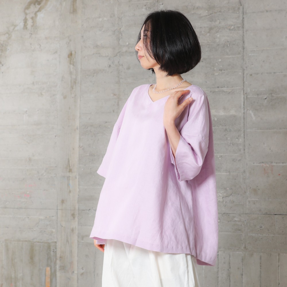 リネンのシンプルAライン・半袖ブラウス　ラベンダー