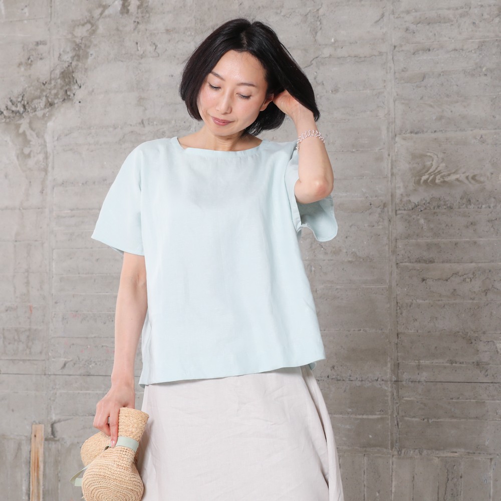 リネンのフレンチスリーブ・ブラウス　ペパーミントグリーン