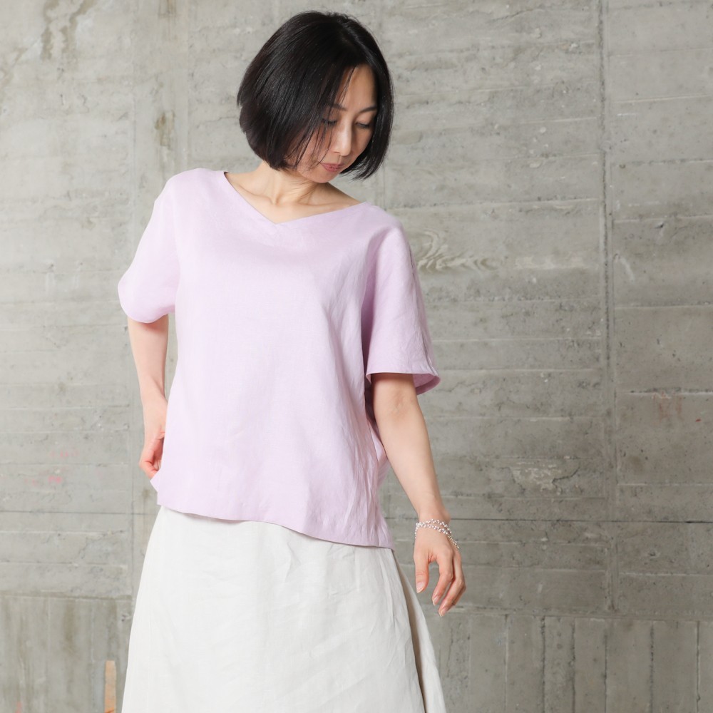 リネンのフレンチスリーブ・ブラウス　ラベンダー
