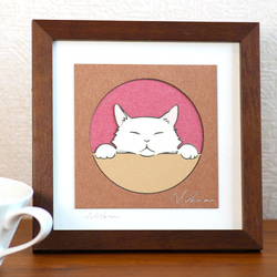 猫の切り絵（#1）額装 桜色 サイズ小 1枚目の画像