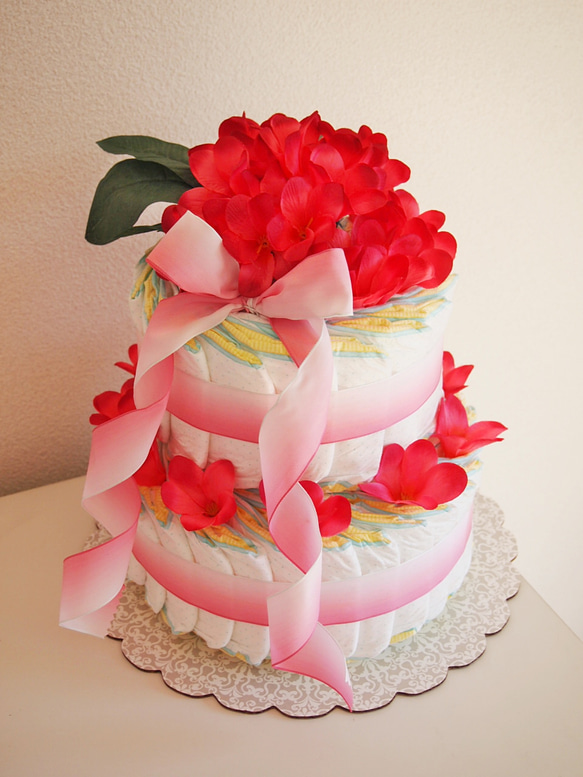 ２段おむつケーキ　「ハワイアンウェディング・ピンク 」 1枚目の画像