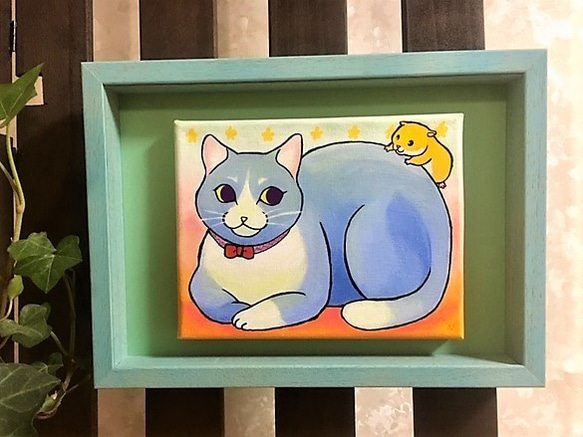 アートボックス額装　キャンパス画　「猫とねずみ」 1枚目の画像