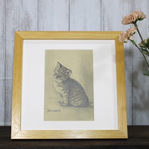 Kurumi作　「鉛筆デッサン　猫」ポストカードサイズ額装　原画 1枚目の画像