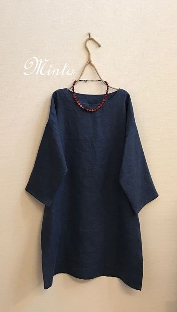 受注作品】起毛リネンのワンピース渋い青（藍鉄色・鉄紺色