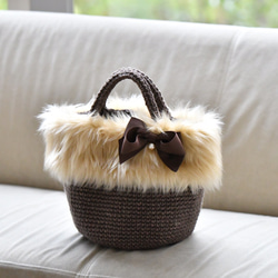 米色毛皮+立體絲帶籃包（訂做） 第1張的照片