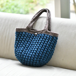 Mixing Blue 刺繍カゴバッグ　青　天然素材 模様編みトートバッグ（ブルー）受注製作 かごバッグ amitiku