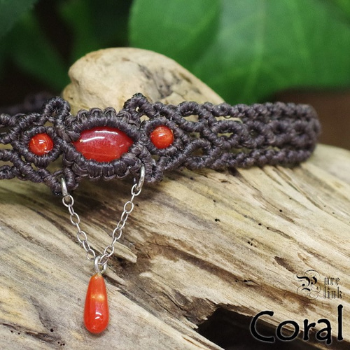 希少☆極楽浄土を飾る七宝・国産『血赤・赤本珊瑚・コーラル』マクラメ  