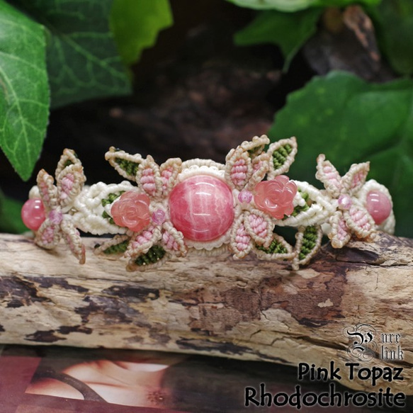 薔薇彫『ロードクロサイト/インカローズ』『ピンクトパーズ』生命の樹マクラメ編ブレスレット 2枚目の画像