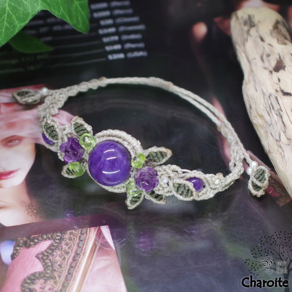 癒しの紫魔石『チャロアイト』薔薇彫り『アメジスト』生命の樹マクラメ編ブレスレット 5枚目の画像