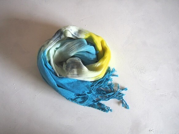 ■SALE＋送料無料■ stole / long / yellow×blue / 手染めのコットンストール 1枚目の画像