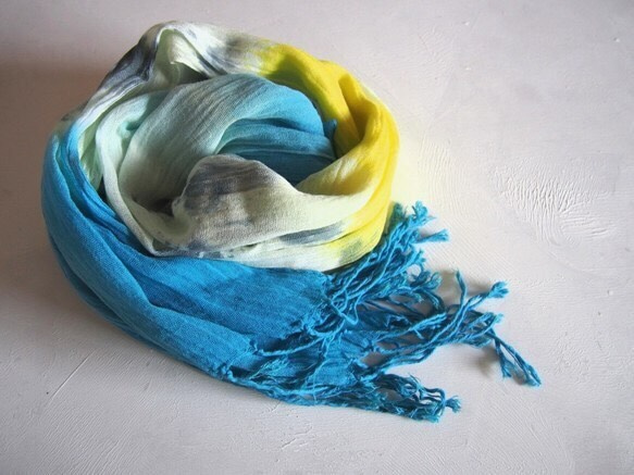 ■SALE＋送料無料■ stole / long / yellow×blue / 手染めのコットンストール 4枚目の画像