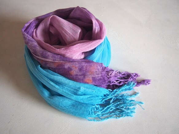 ■SALE＋送料無料■ stole / long / aqua blue×purple / 手染めのコットンストール 1枚目の画像