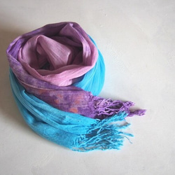 ■SALE＋送料無料■ stole / long / aqua blue×purple / 手染めのコットンストール 2枚目の画像