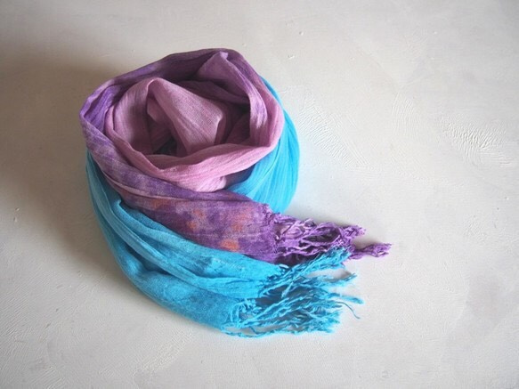 ■SALE＋送料無料■ stole / long / aqua blue×purple / 手染めのコットンストール 2枚目の画像