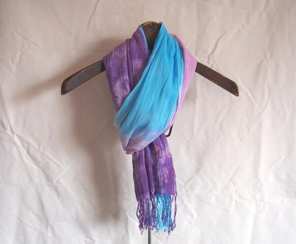 ■SALE＋送料無料■ stole / long / aqua blue×purple / 手染めのコットンストール 3枚目の画像