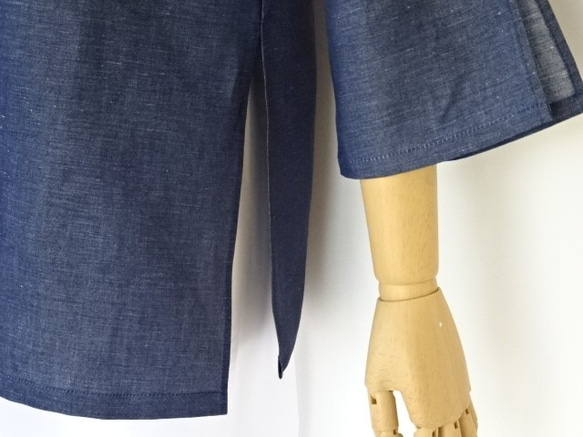 綿麻スリット袖のチュニック・インディゴ 5枚目の画像