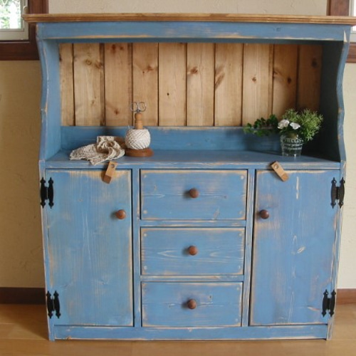 カントリー家具 ワイドキャビネット*（24）アンティーク ブルー受注