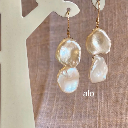 送料無料】14kgf 淡水パール 花びらケシパール ツインチェーンピアス  