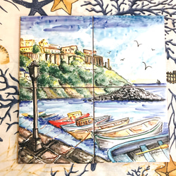 マヨリカ焼きのタイル画　南イタリアの海辺の風景 1枚目の画像