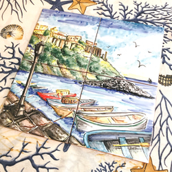 マヨリカ焼きのタイル画　南イタリアの海辺の風景 2枚目の画像