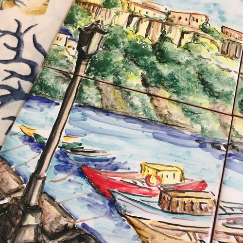 マヨリカ焼きのタイル画 南イタリアの海辺の風景 絵画 bottegajunko