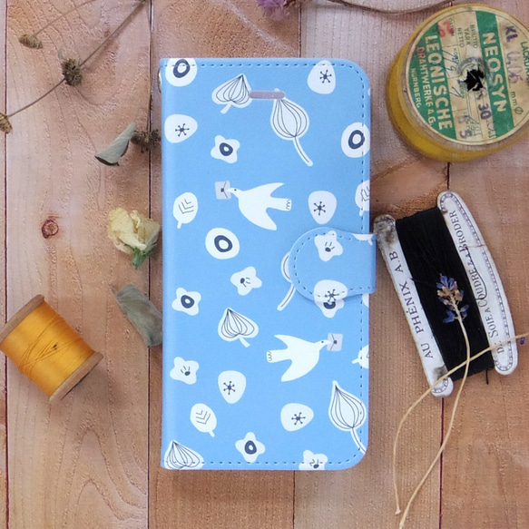 ナチュラルリーフ 北欧 手帳型スマホケース iPhone/Android バード 鳥 北欧風 北欧柄 1枚目の画像
