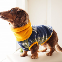 犬服　ダックスちゃんのツートンカラーのハイネックタンクトップ　トライバル×マスタード 1枚目の画像