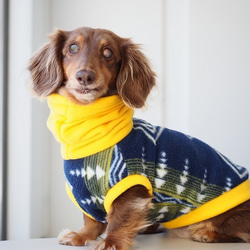 犬服　ダックスちゃんのツートンカラーのハイネックタンクトップ　イエロ×トライバル 1枚目の画像