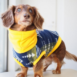 犬服　ダックスちゃんのツートンカラーのハイネックタンクトップ　イエロ×トライバル 3枚目の画像