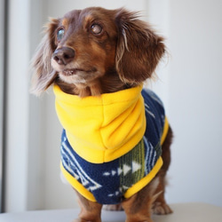 犬服　ダックスちゃんのツートンカラーのハイネックタンクトップ　イエロ×トライバル 4枚目の画像