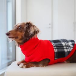 犬服　ダックスちゃんの背中切り替えハイネックタンクトップ　赤×チェック 3枚目の画像