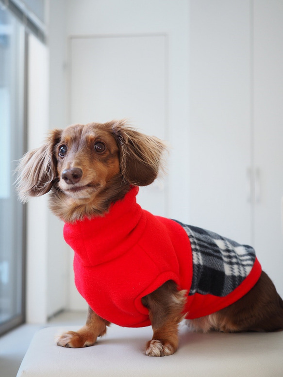 犬服　ダックスちゃんの背中切り替えハイネックタンクトップ　赤×チェック 4枚目の画像
