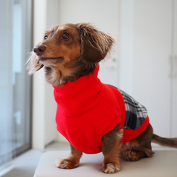 犬服　ダックスちゃんの背中切り替えハイネックタンクトップ　赤×チェック 5枚目の画像