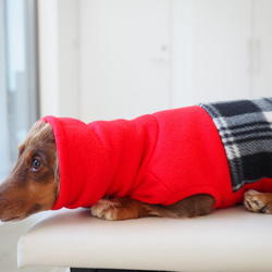 犬服　ダックスちゃんの背中切り替えハイネックタンクトップ　赤×チェック 7枚目の画像