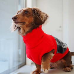 犬服　ダックスちゃんの背中切り替えハイネックタンクトップ　赤×チェック 8枚目の画像
