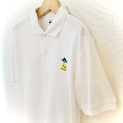 ウシがUFOに！キャトルミューティレーション刺繍ポロシャツ（白）　UVカット　SS～Lサイズ 4枚目の画像