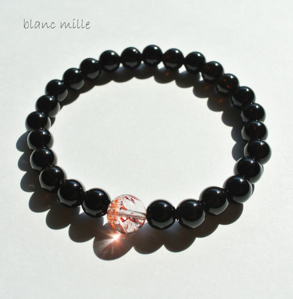 No.1453○*赤い内包物入り水晶＆モリオン 6mmブレスレット○*天然石 黒水晶 スーパーセブン セイクリッドセブン