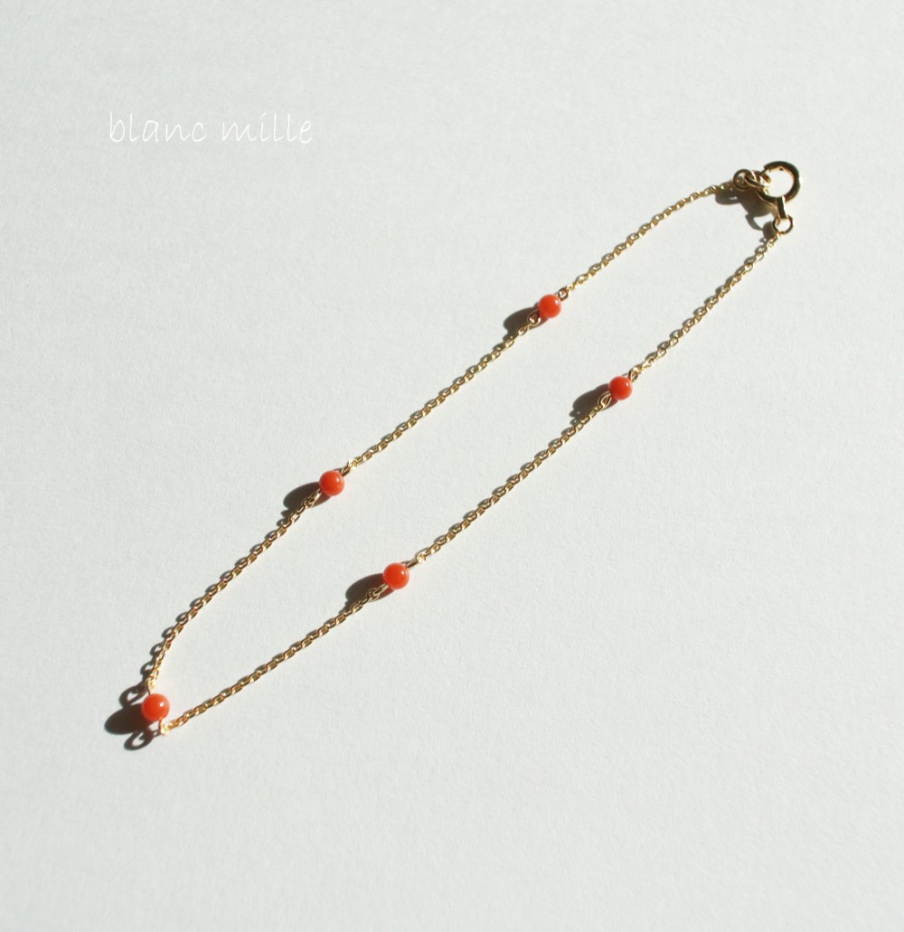 No.1775○*天然本珊瑚 18金ステーションブレスレット○*天然赤珊瑚18kシンプルブレスレット　本サンゴK18