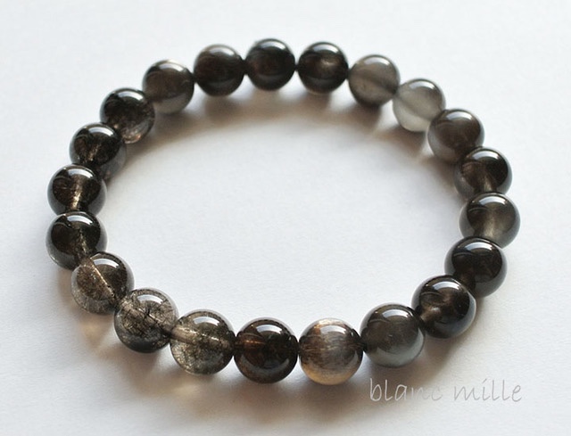 No.1098　高品質キャッツアイブラックサンストーン＆ルチルモリオン　8.5mmシンプルブレスレット　チベット産黒水晶