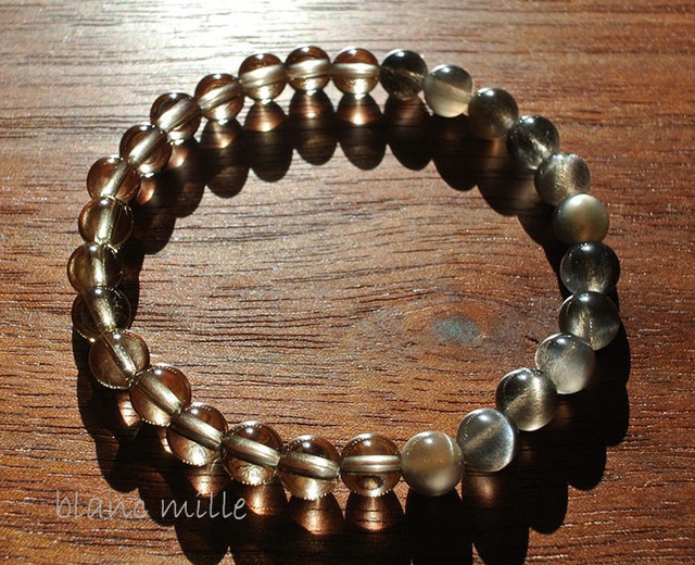 No.1094　キャッツアイブラックグレーサンストーン＆群馬県産スモーキークォーツ　シンプルブレスレット　6mm 煙水晶