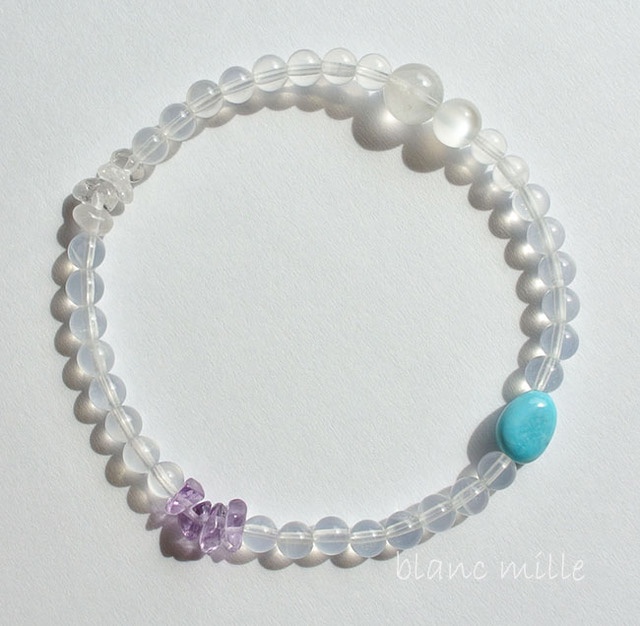 1033　ミニ天然石ブレスレット　ターコイズ/トルコ石　ホワイトファントムクォーツ　アメジスト/紫水晶　ミルキークォーツ