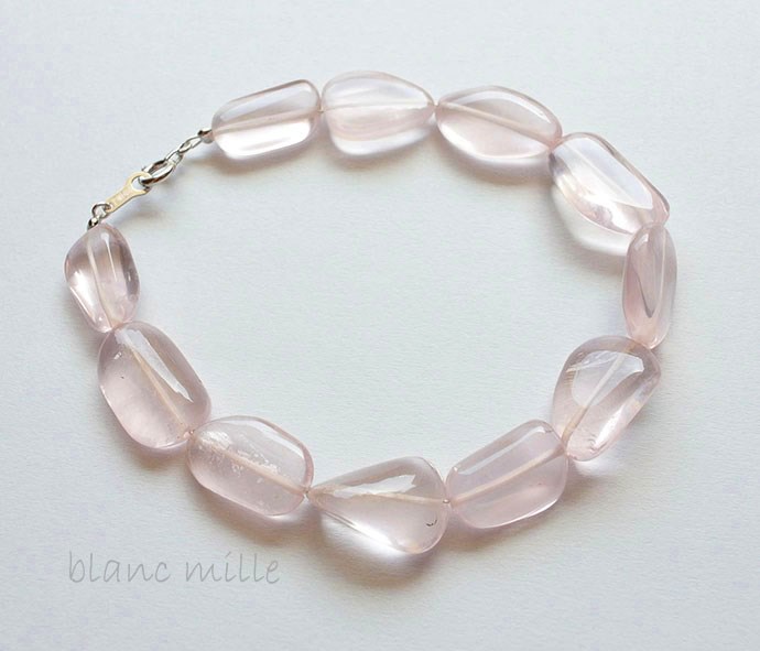 1182　高品質クリアローズクォーツ　シンプルナチュラルブレスレット　K10ホワイトゴールド　桜色薄ピンク紅水晶　天然石